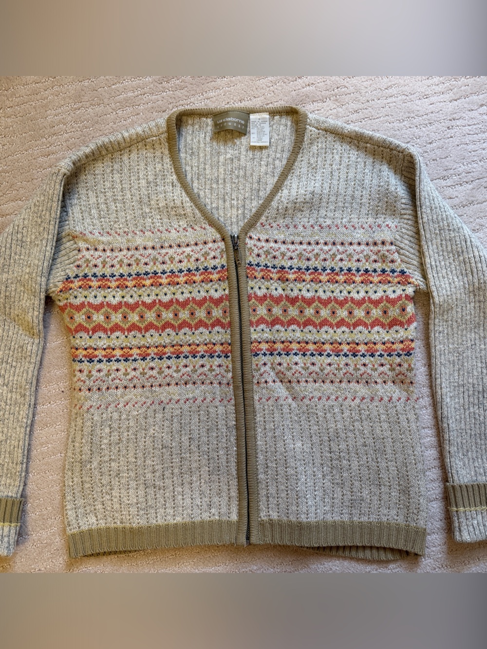 Liz Claiborne Cream Zip-Front Cardigan with Multicolor Fair Isle Yoke